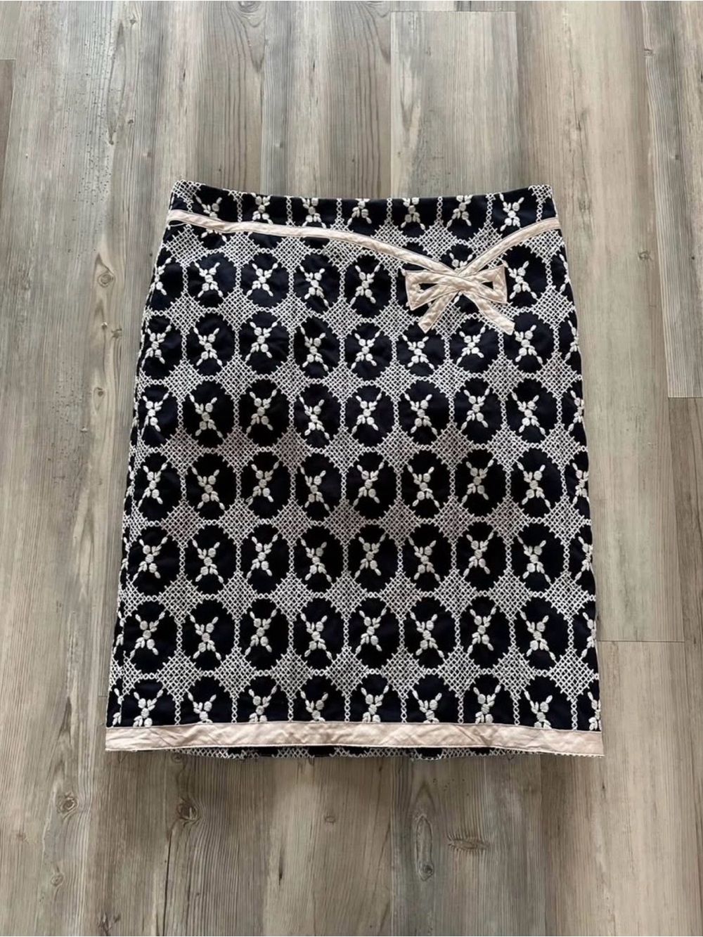 Navy and Cream Patterned Pencil Skirt with Waist Tie